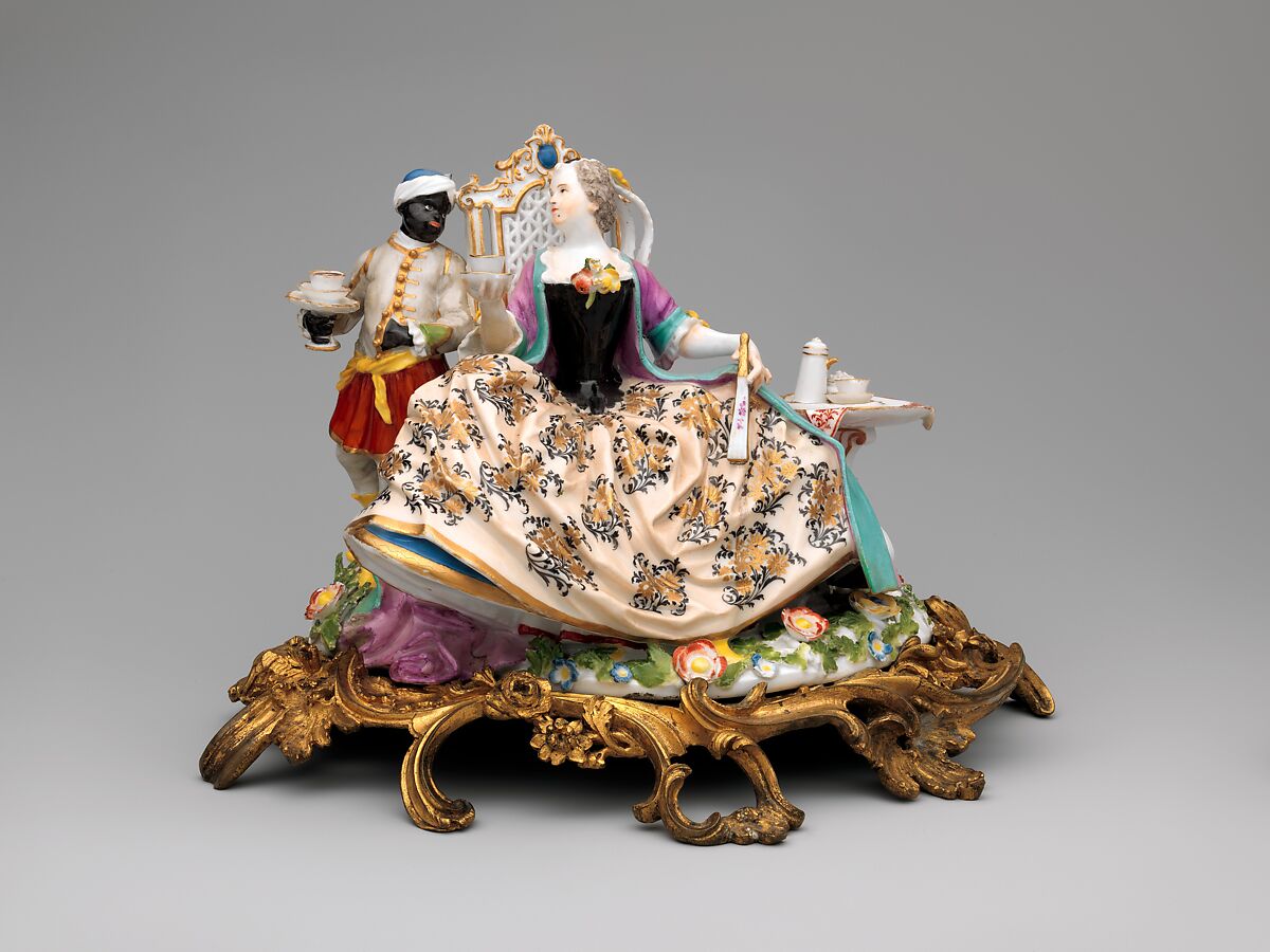 Lady with attendant, Meissen Manufactory (German, 1710–present), Hard-paste porcelain, gilt-bronze mount, German, Meissen