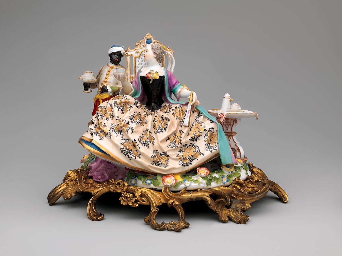 Lady with attendant, Meissen Manufactory (German, 1710–present), Hard-paste porcelain, gilt-bronze mount, German, Meissen
