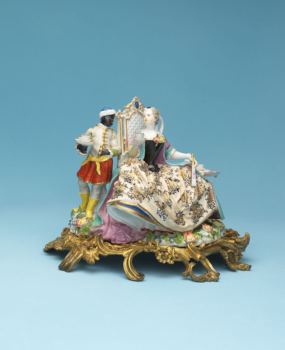 Lady with attendant, Meissen Manufactory (German, 1710–present), Hard-paste porcelain, gilt-bronze mount, German, Meissen