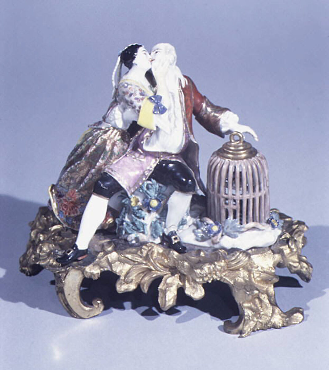 Lovers with a birdcage, Meissen Manufactory (German, 1710–present), Hard paste-porcelain, gilt-bronze mount, German, Meissen 