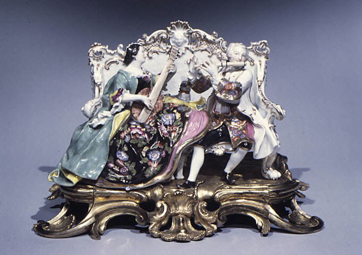 Couple on a settee, Meissen Manufactory (German, 1710–present), Hard-paste porcelain, gilt-bronze mount, German, Meissen 