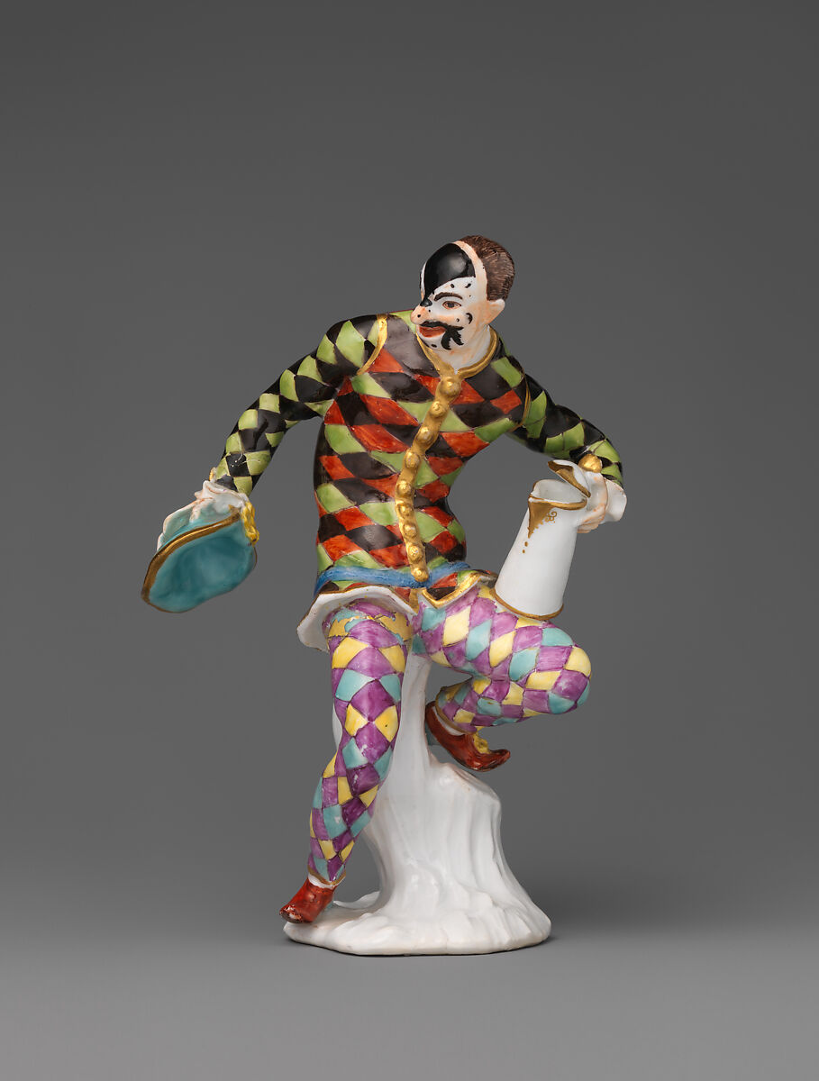 Harlequin with jug, Meissen Manufactory (German, 1710–present), Hard-paste porcelain decorated in polychrome enamels, German, Meissen