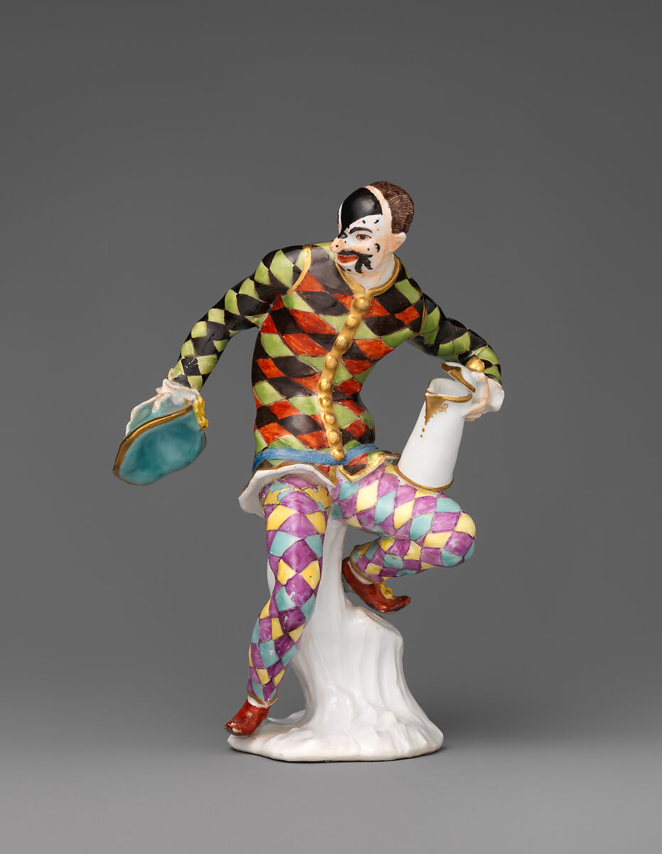 Harlequin with jug, Meissen Manufactory (German, 1710–present), Hard-paste porcelain decorated in polychrome enamels, German, Meissen 