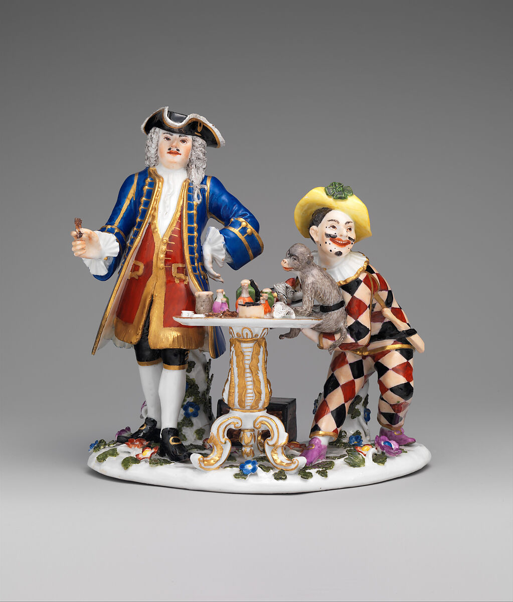 Quack doctor, Harlequin and monkey, Meissen Manufactory (German, 1710–present), Hard-paste porcelain, German, Meissen 