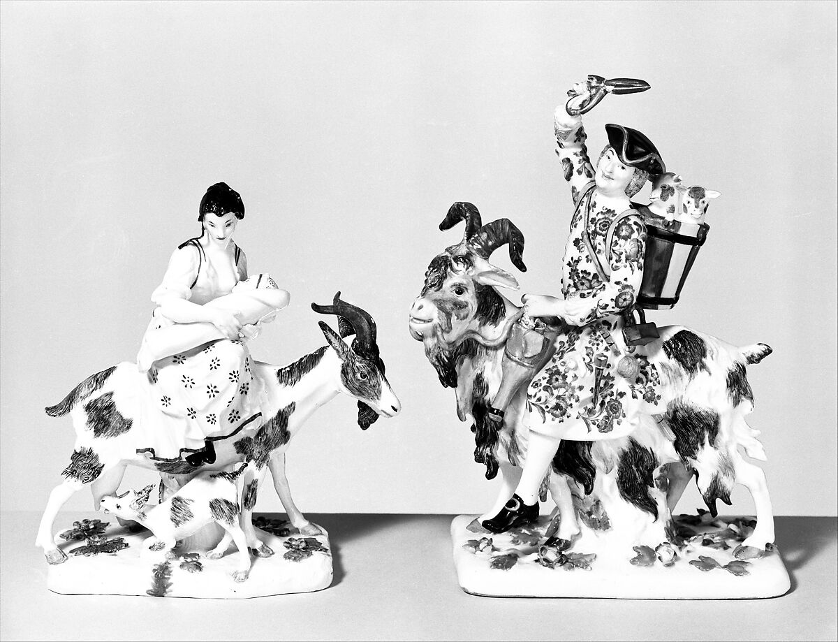 Tailor's wife riding a goat (one of a pair), Meissen Manufactory (German, 1710–present), Hard-paste porcelain, German, Meissen 