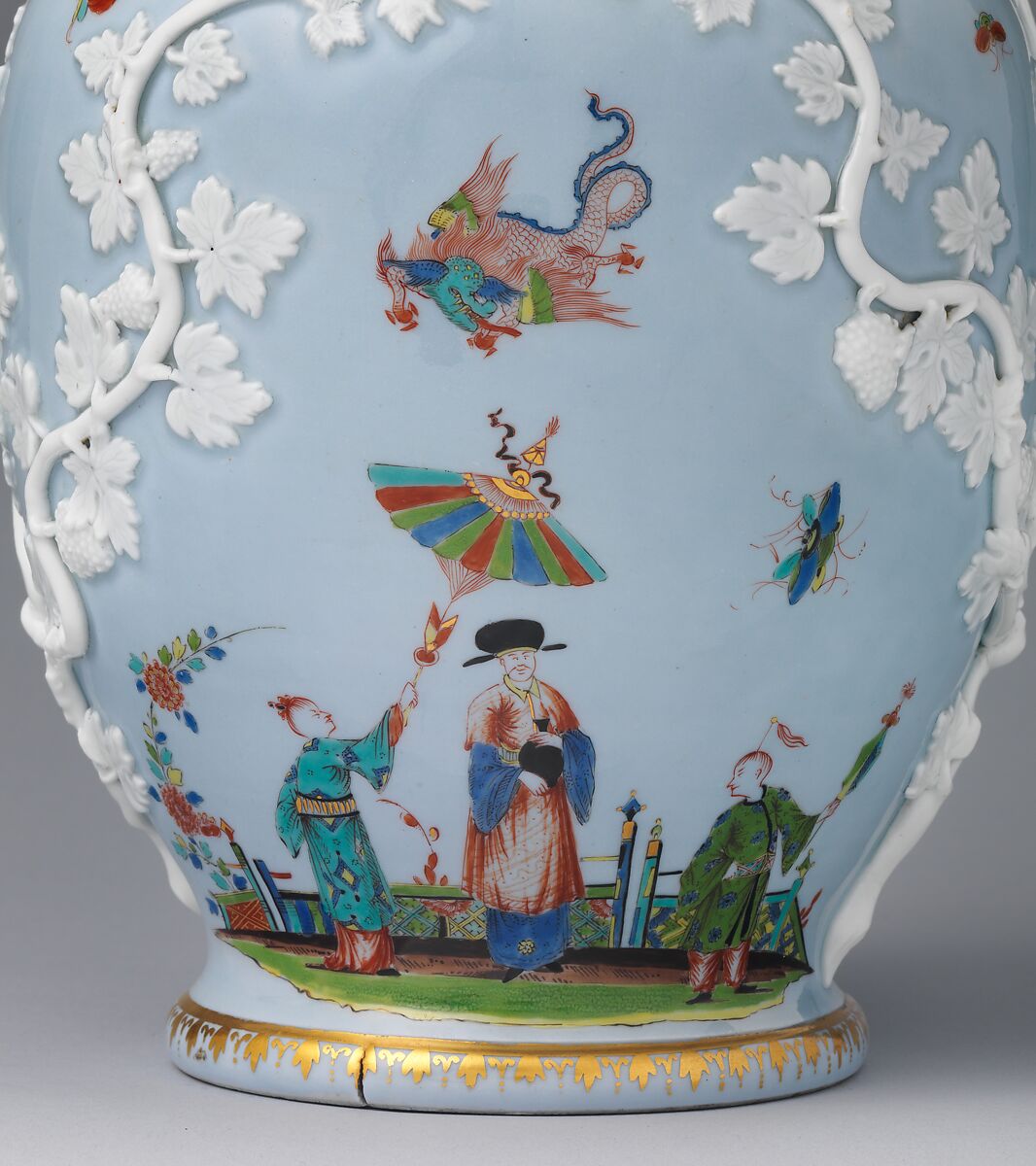 Vase (from a garniture of three), Meissen Manufactory (German, 1710–present), Tinted hard-paste porcelain decorated in polychrome enamels, gold, German, Meissen