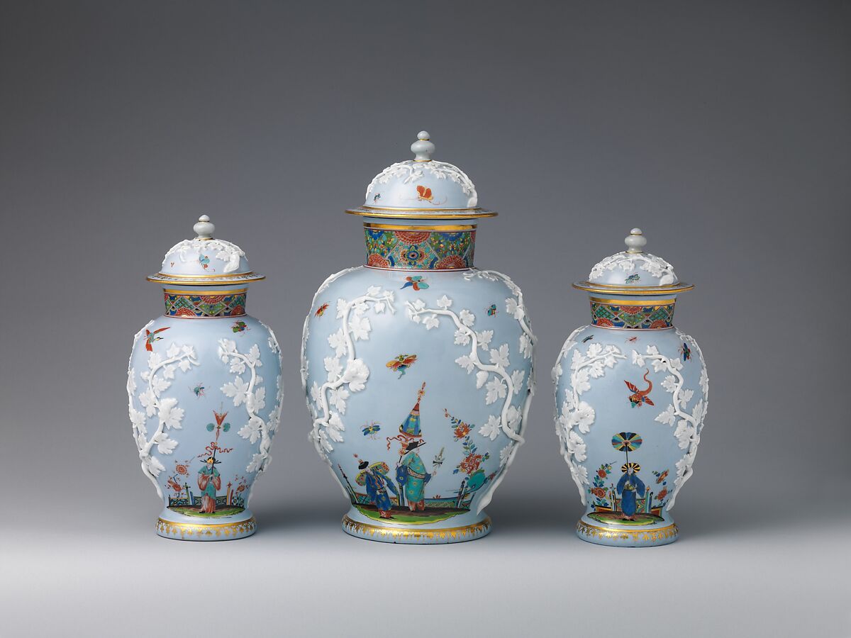 Vase (from a garniture of three), Meissen Manufactory (German, 1710–present), Tinted hard-paste porcelain decorated in polychrome enamels, gold, German, Meissen