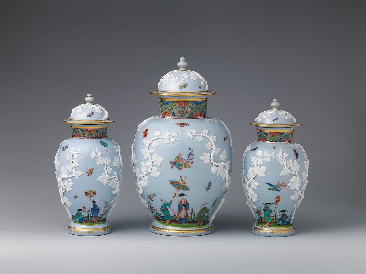 Vase (from a garniture of three), Meissen Manufactory (German, 1710–present), Tinted hard-paste porcelain decorated in polychrome enamels, gold, German, Meissen 