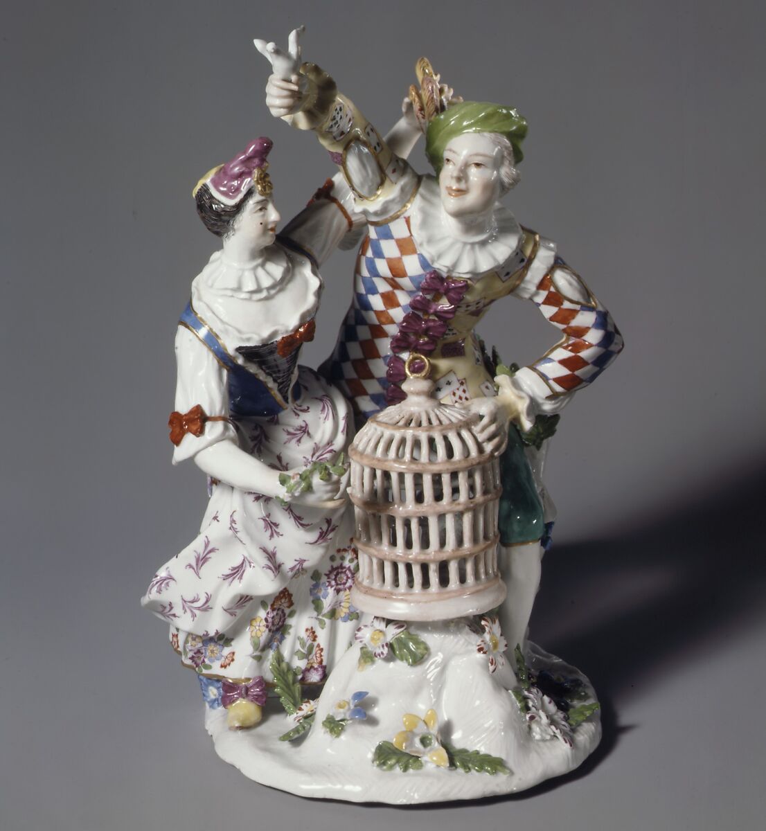 Harlequin and Columbine with birdcage, Ansbach Pottery and Porcelain Manufactory (German, 1758–1860), Hard-paste porcelain, German, Ansbach 