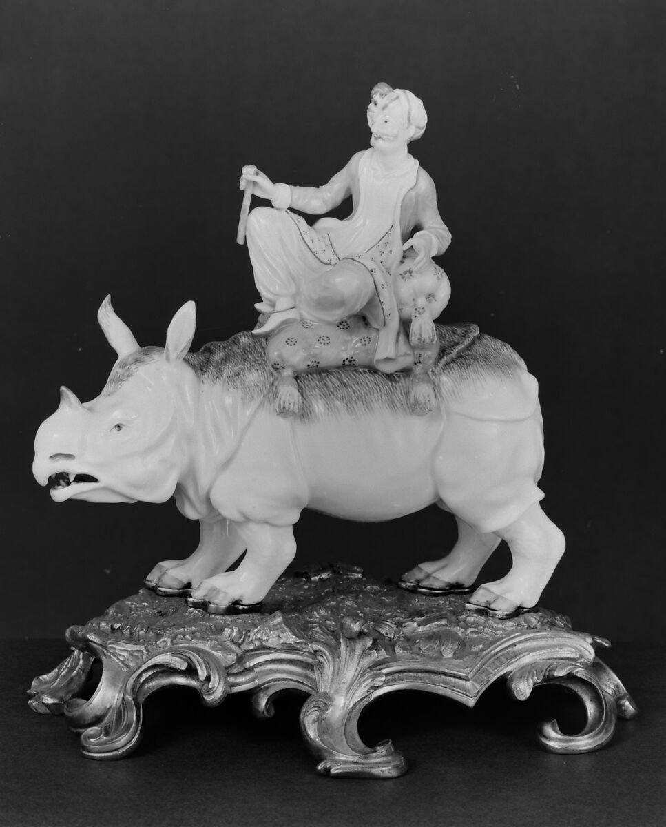 Turk on a rhinoceros, Ludwigsburg Porcelain Manufactory (German, 1758–1824), Hard-paste porcelain, gilt bronze, German, Ludwigsburg