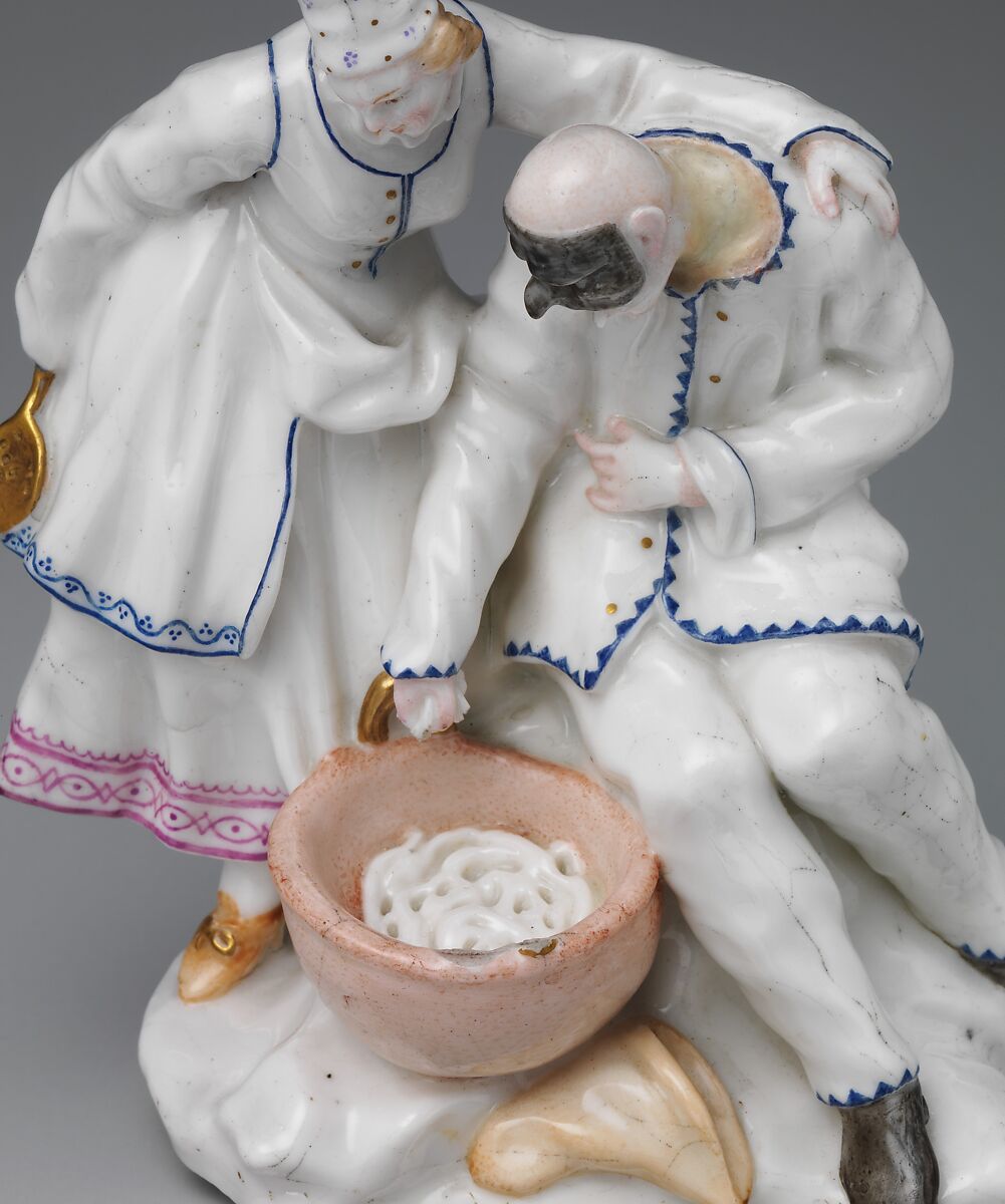 The Spaghetti Eaters (Columbine and Pulcinella), Capodimonte Porcelain Manufactory (Italian, 1740/43–1759), Soft-paste porcelain decorated in polychrome enamels, gold, Italian, Naples