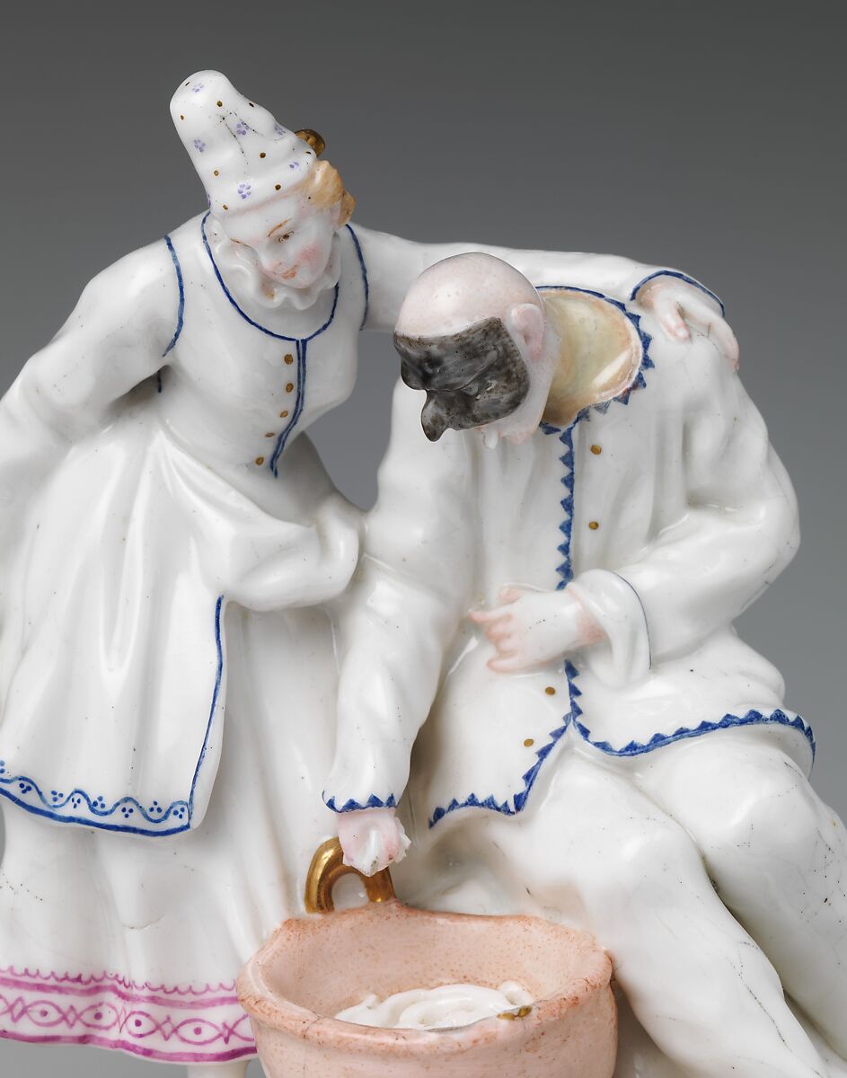 The Spaghetti Eaters (Columbine and Pulcinella), Capodimonte Porcelain Manufactory (Italian, 1740/43–1759), Soft-paste porcelain decorated in polychrome enamels, gold, Italian, Naples