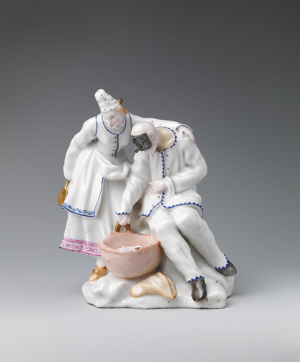 The Spaghetti Eaters (Columbine and Pulcinella), Capodimonte Porcelain Manufactory (Italian, 1740/43–1759), Soft-paste porcelain decorated in polychrome enamels, gold, Italian, Naples