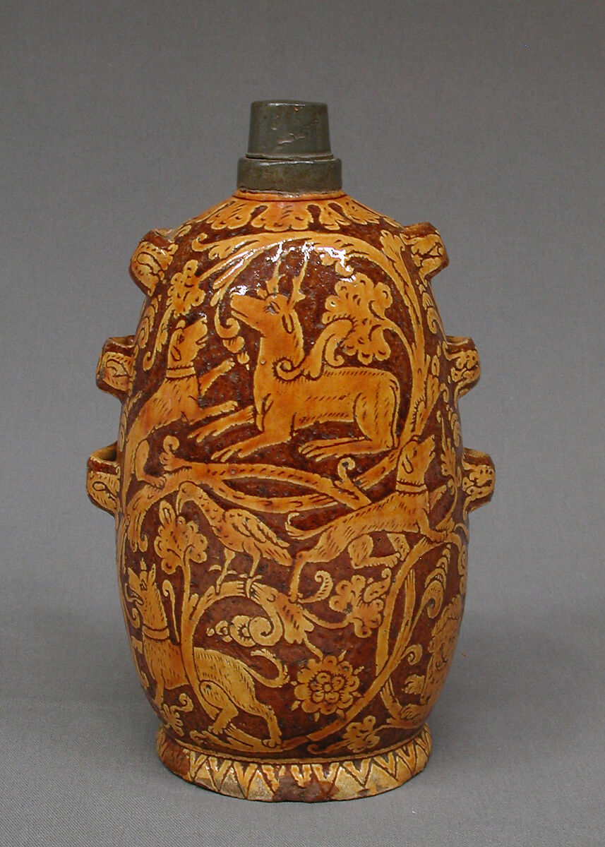 Pilgrim bottle, Slipware; pewter, Italian, Squillache 