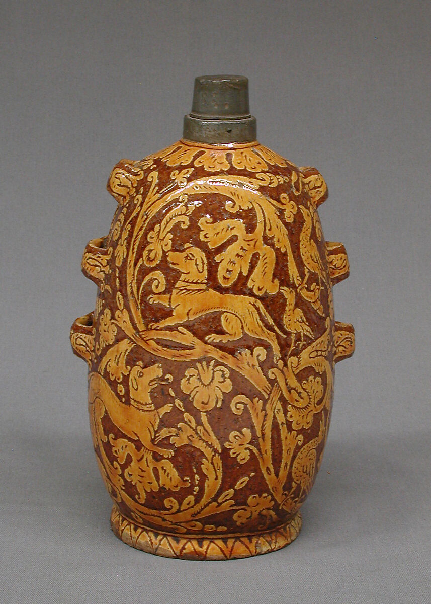 Pilgrim bottle, Slipware; pewter, Italian, Squillache