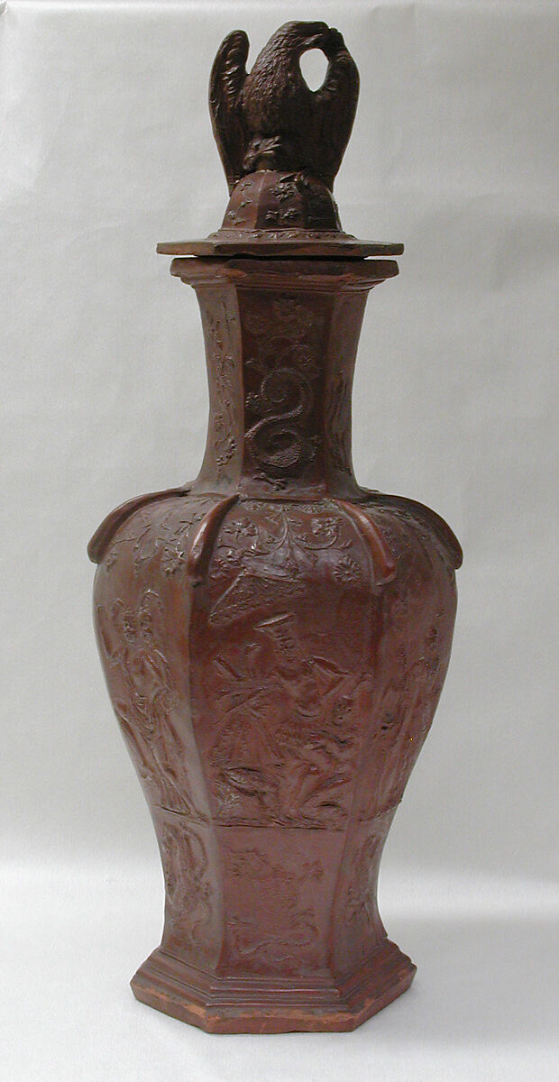 Hexagonal vase, Factory of Cornelius Funcke (German, 1673–1733), Red earthenware, Silesian-Bohemian 