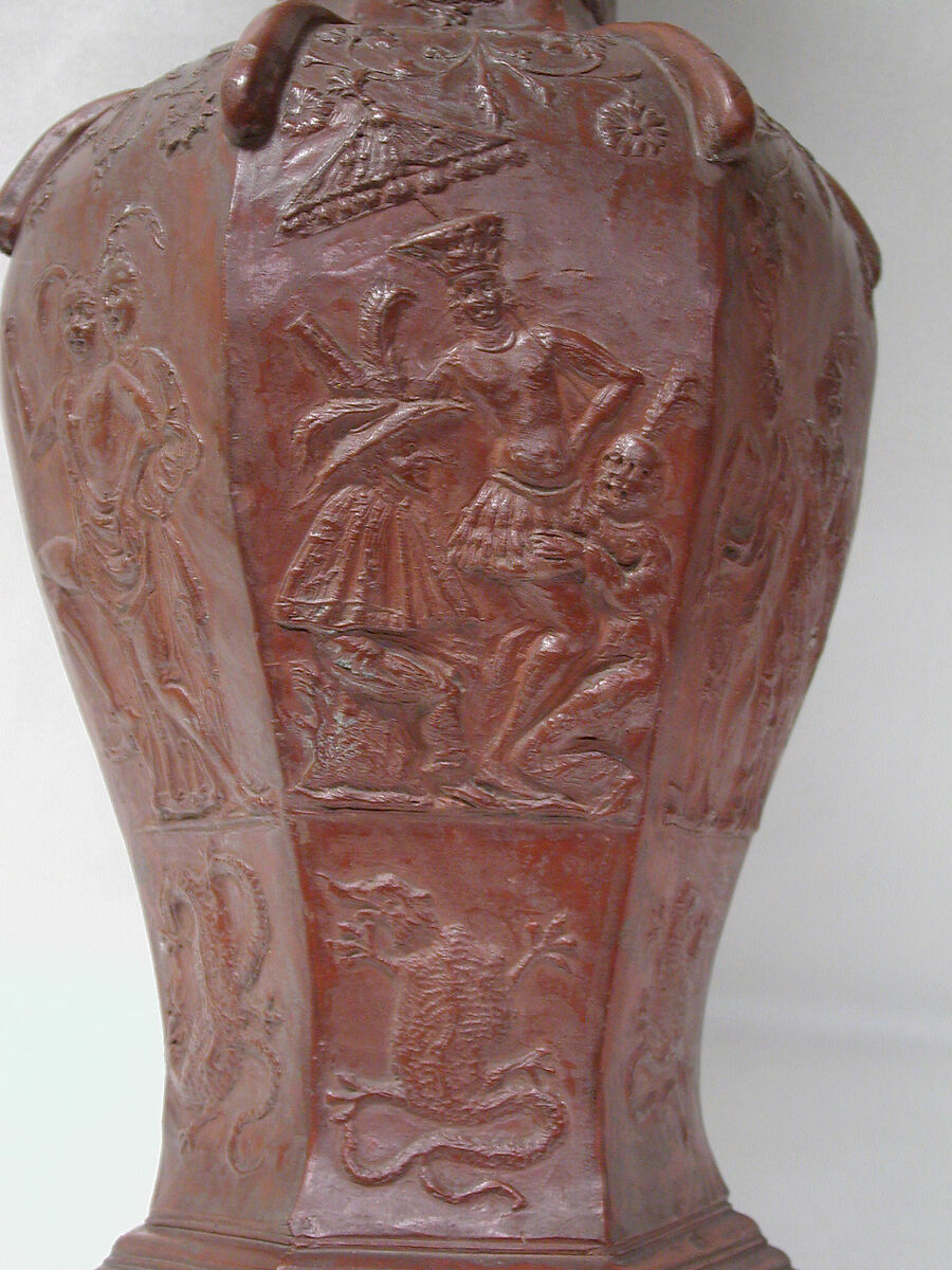 Hexagonal vase, Factory of Cornelius Funcke (German, 1673–1733), Red earthenware, Silesian-Bohemian