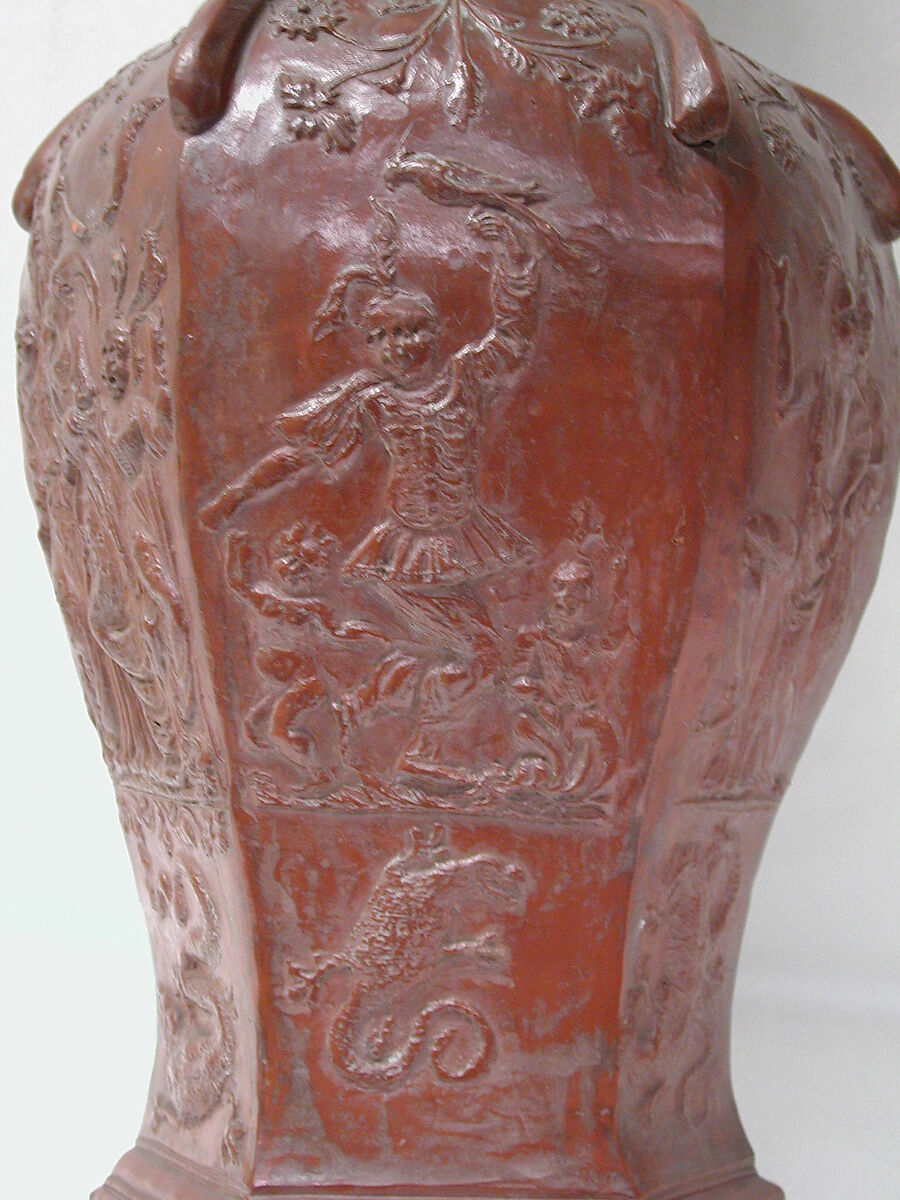Hexagonal vase, Factory of Cornelius Funcke (German, 1673–1733), Red earthenware, Silesian-Bohemian