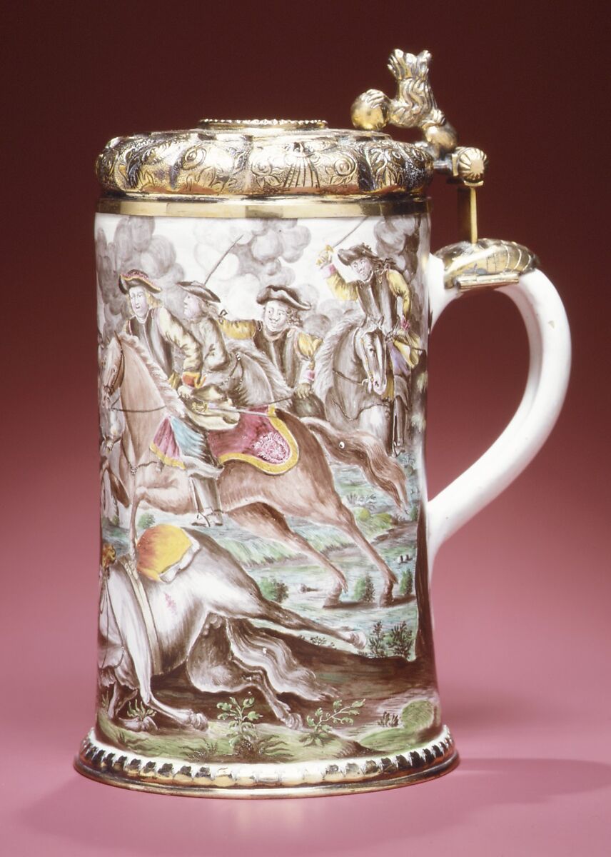 Cylindrical tankard, M. S. of Nuremberg, Germany, Faience (tin-glazed earthenware), silver-gilt mounts, German, Nuremberg 