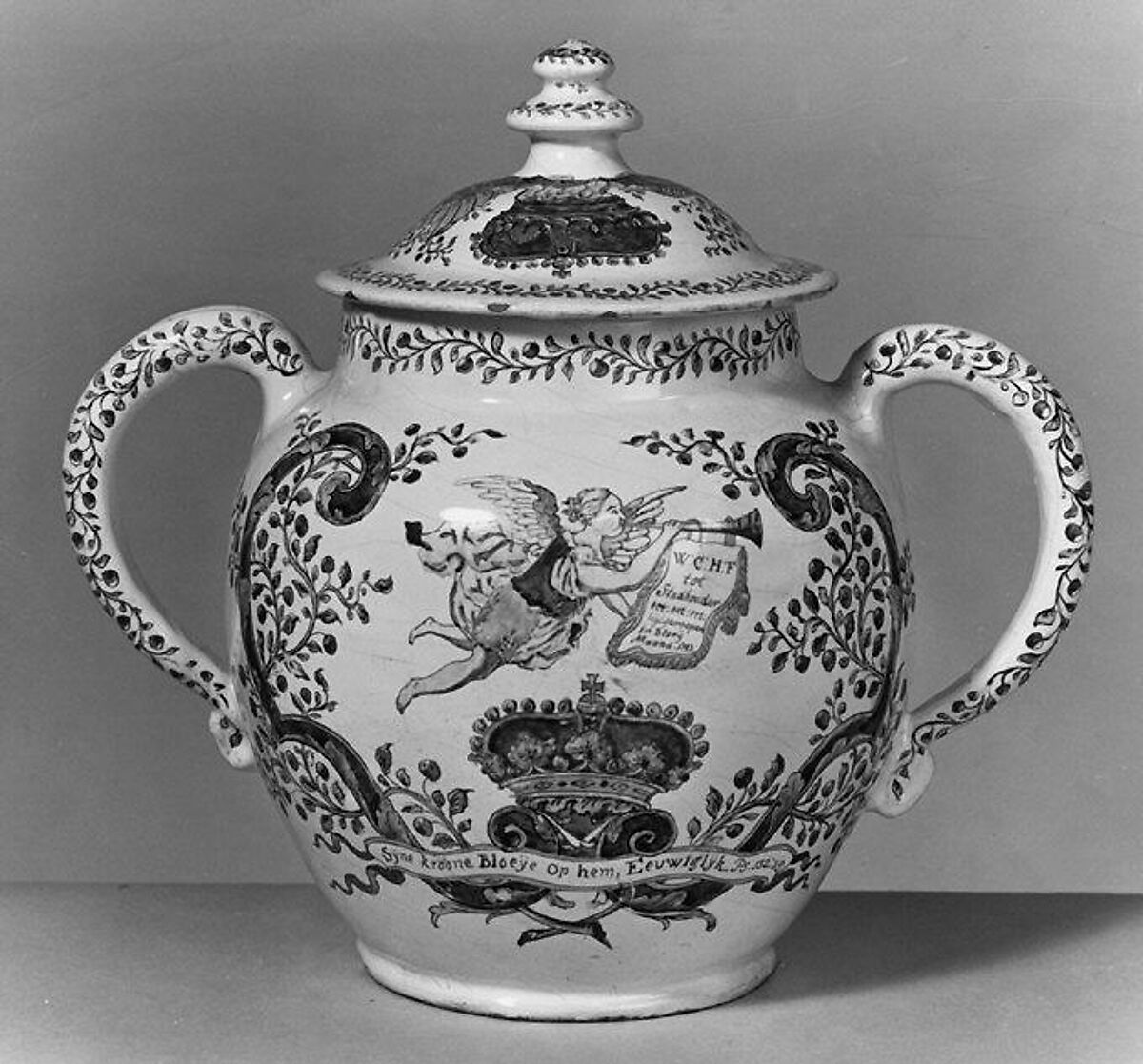 Commemorative jar with cover, Faience (tin-glazed earthenware), Dutch, Delft