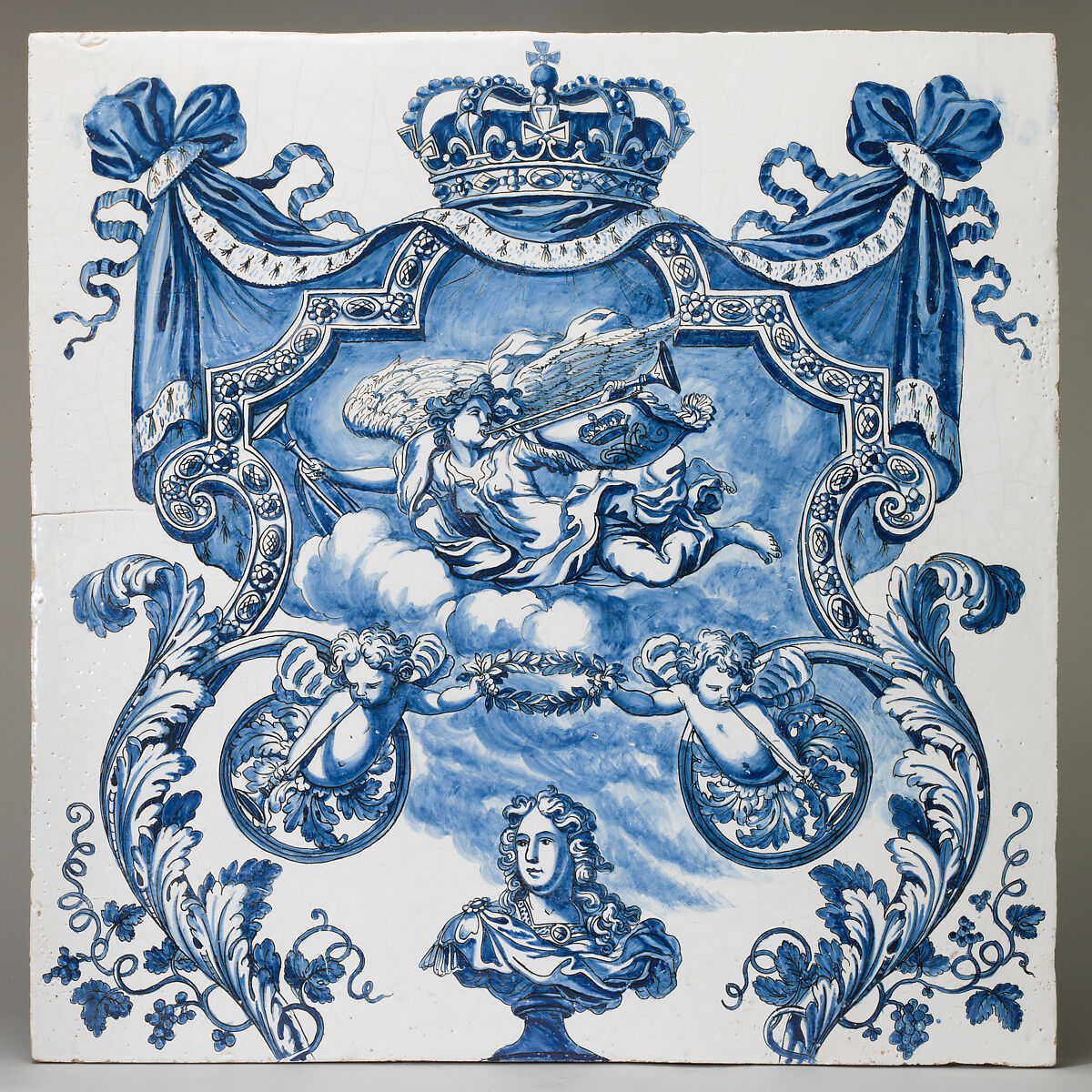 Tile with a bust of William III (1650–1702), Period of Adrianus Kocx (working 1689–94), Delftware (tin-glazed earthenware), Dutch, Delft 