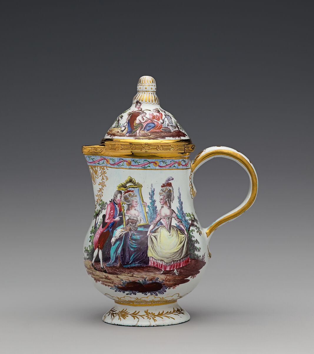 Milk jug with cover, Painted enamel on copper, partly gilt; silver gilt, Austrian, Vienna