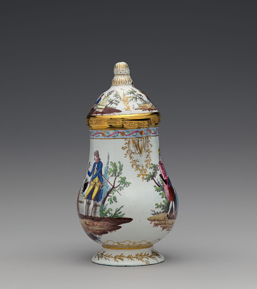 Milk jug with cover, Painted enamel on copper, partly gilt; silver gilt, Austrian, Vienna