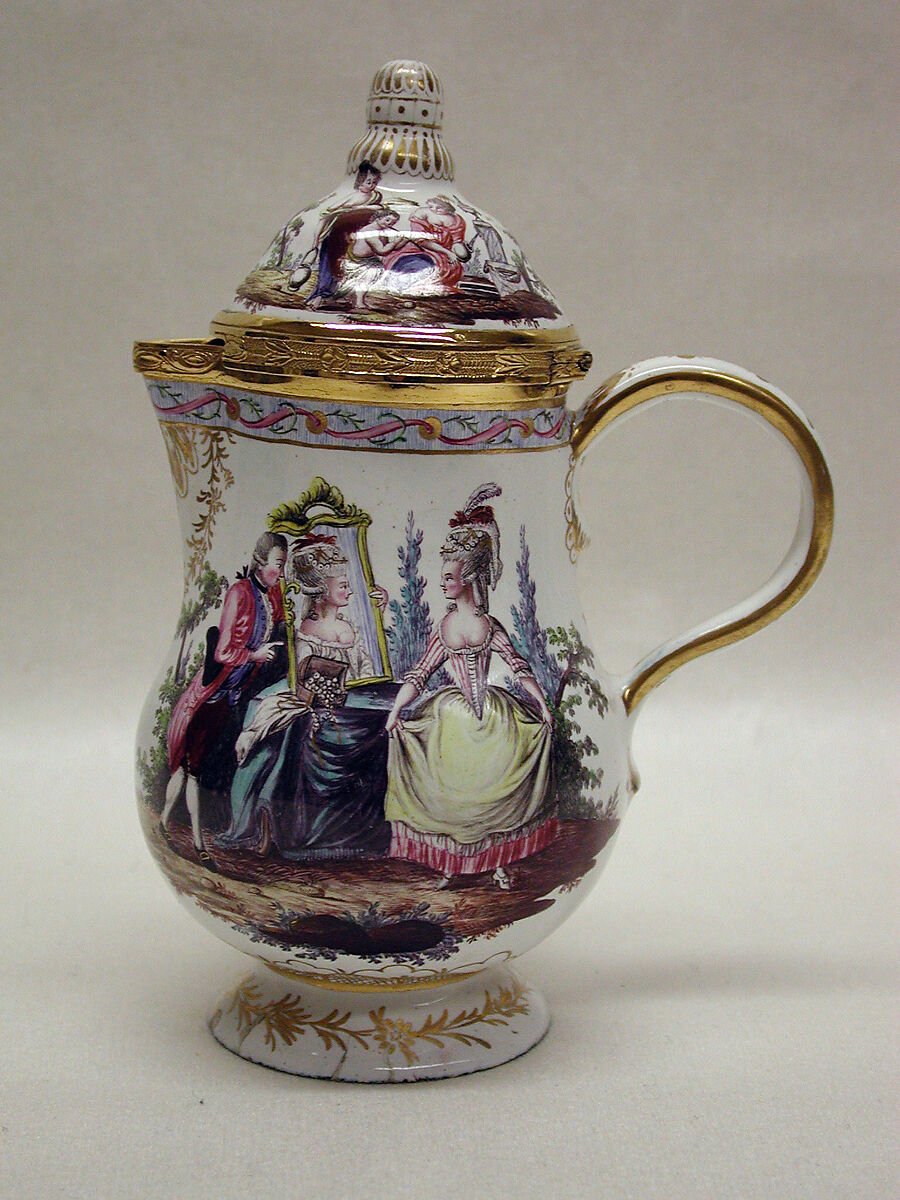 Milk jug with cover, Painted enamel on copper, partly gilt; silver gilt, Austrian, Vienna 