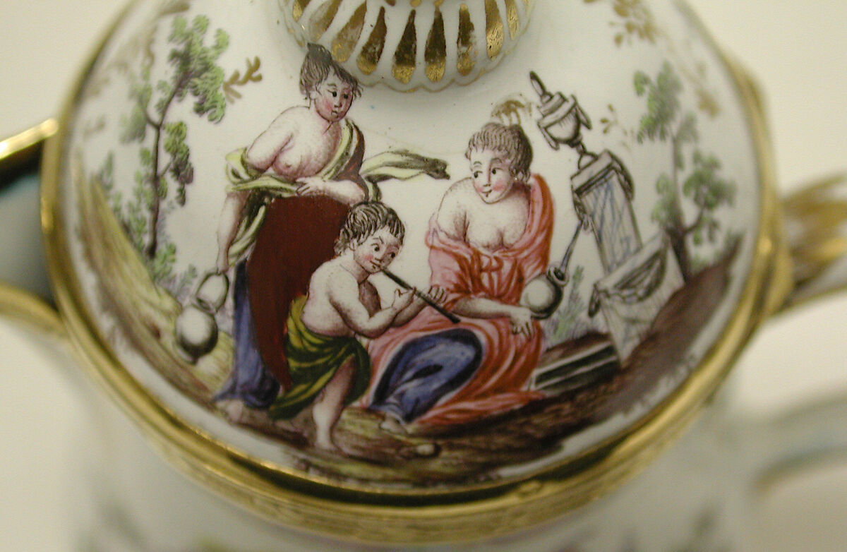 Milk jug with cover, Painted enamel on copper, partly gilt; silver gilt, Austrian, Vienna