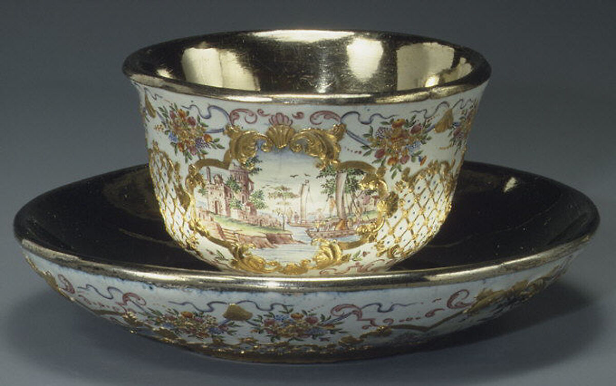 Cup and saucer, Workshop of Charles Fromery (1685–1738), Painted enamel on copper, partly gilt; silver gilt, German, Berlin 