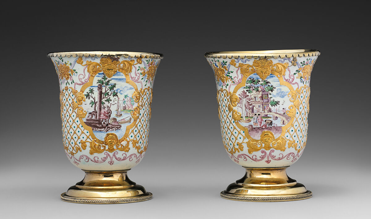 Beaker (one of a pair), Workshop of Charles Fromery (1685–1738), Painted enamel on copper, partly gilt; silver gilt, German, probably Berlin
