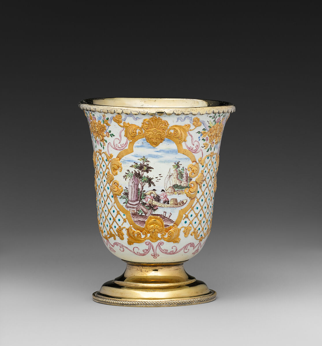 Beaker (one of a pair), Workshop of Charles Fromery (1685–1738), Painted enamel on copper, partly gilt; silver gilt, German, probably Berlin