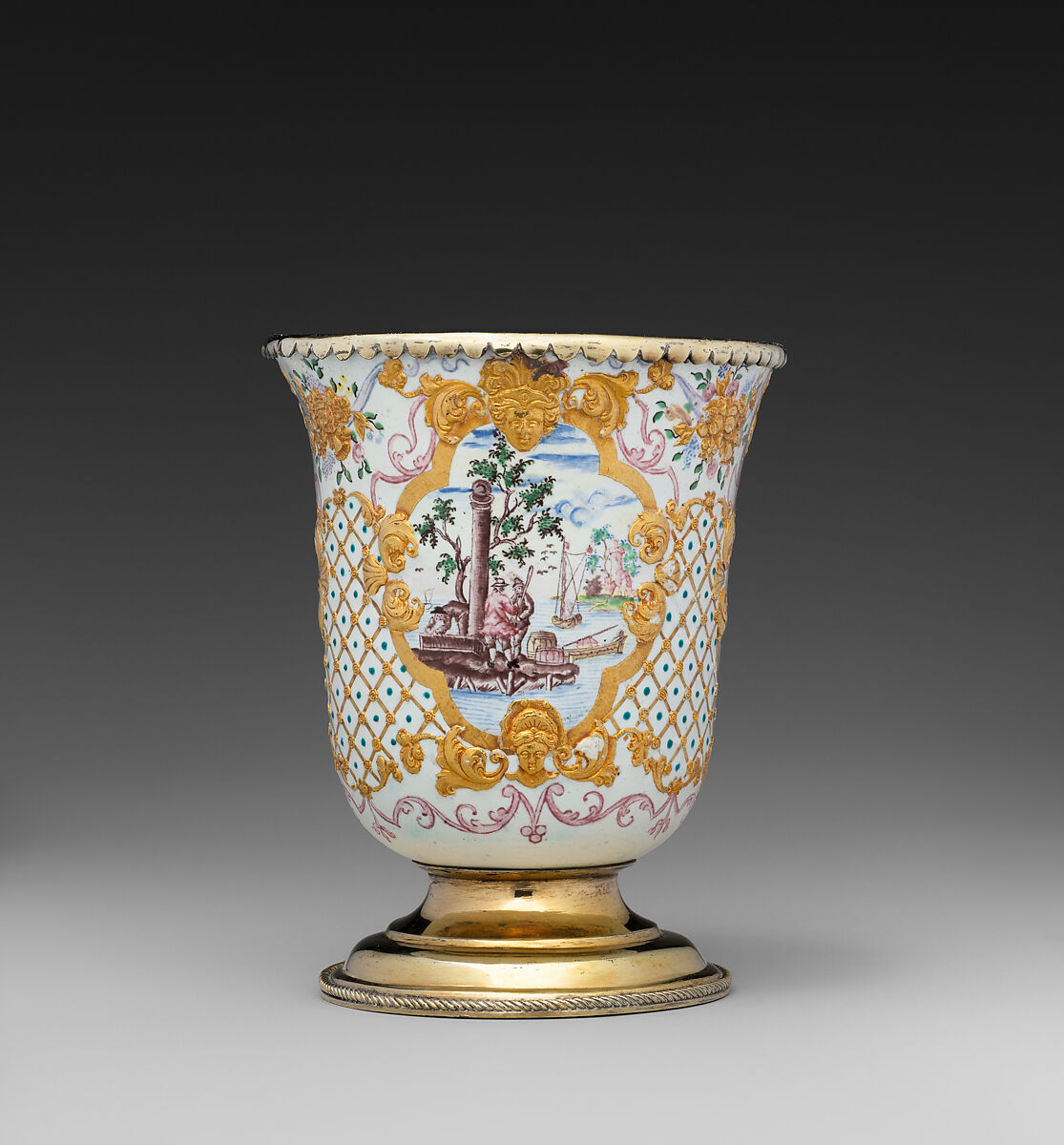 Beaker (one of a pair), Workshop of Charles Fromery (1685–1738), Painted enamel on copper, partly gilt; silver gilt, German, probably Berlin