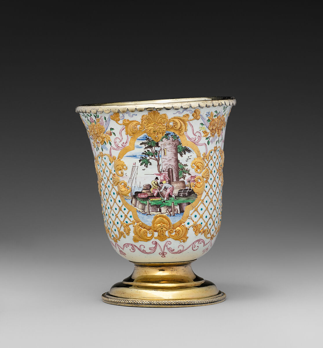 Beaker (one of a pair), Workshop of Charles Fromery (1685–1738), Painted enamel on copper, partly gilt; silver gilt, German, probably Berlin