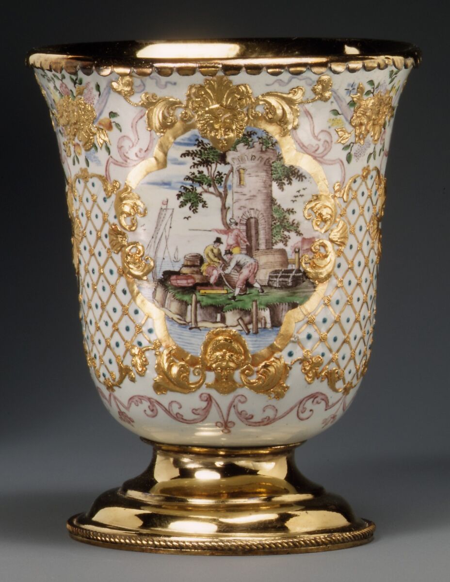 Beaker (one of a pair), Workshop of Charles Fromery (1685–1738), Painted enamel on copper, partly gilt; silver gilt, German, probably Berlin 