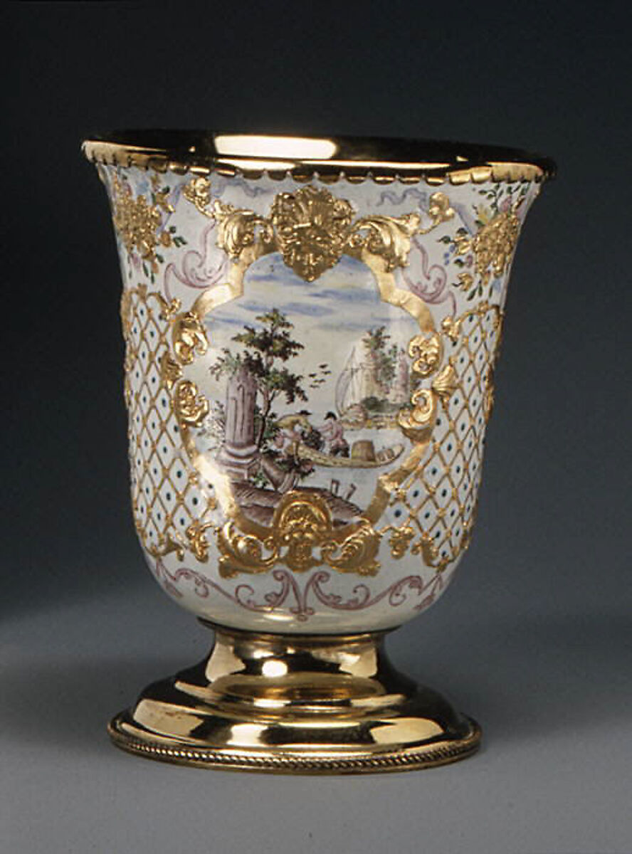 Beaker (one of a pair), Workshop of Charles Fromery (1685–1738), Painted enamel on copper, partly gilt; silver gilt, German, probably Berlin