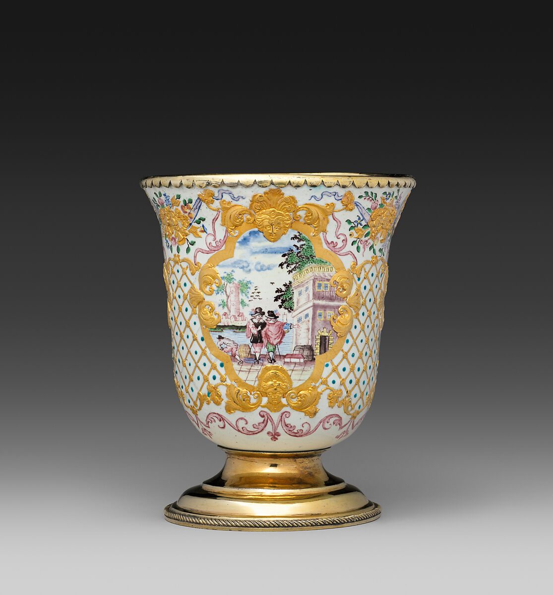 Beaker (one of a pair), Workshop of Charles Fromery (1685–1738), Painted enamel on copper, partly gilt; silver gilt, German, probably Berlin