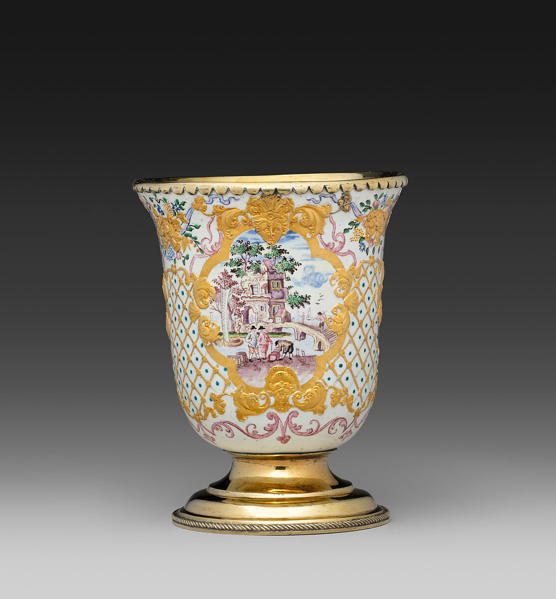 Beaker (one of a pair), Workshop of Charles Fromery (1685–1738), Painted enamel on copper, partly gilt; silver gilt, German, probably Berlin