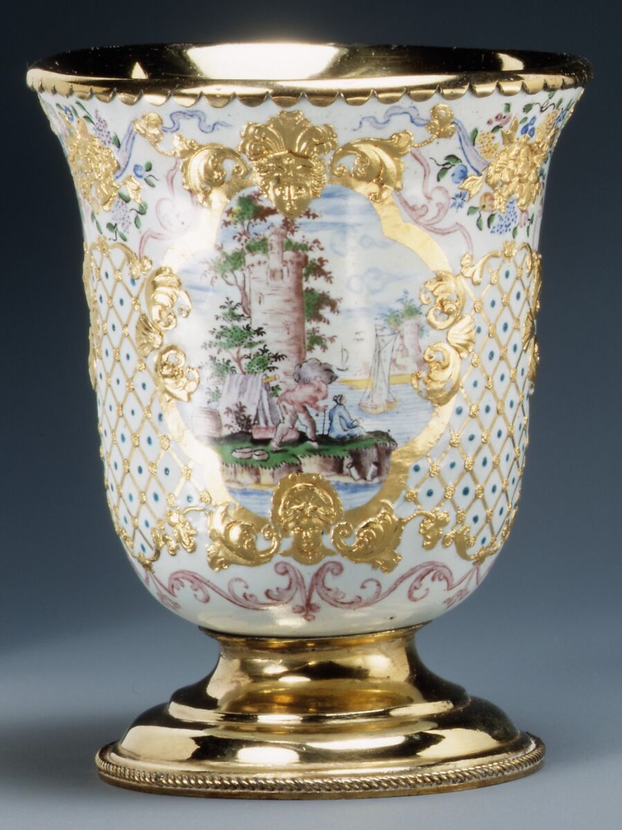 Beaker (one of a pair), Workshop of Charles Fromery (1685–1738), Painted enamel on copper, partly gilt; silver gilt, German, probably Berlin