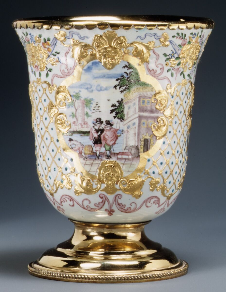 Beaker (one of a pair), Workshop of Charles Fromery (1685–1738), Painted enamel on copper, partly gilt; silver gilt, German, probably Berlin 