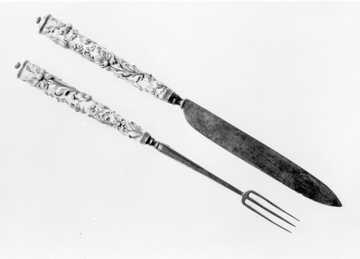Knife and fork, Steel, enamel on copper, garnets, Dutch 