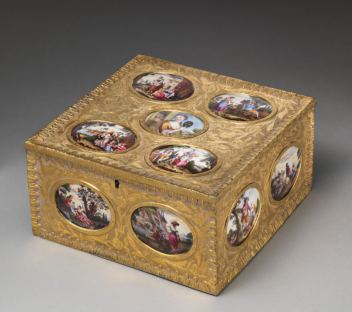 Casket, Painted enamel on copper; gilt pinchbeck metal, British box with Italian plaques 