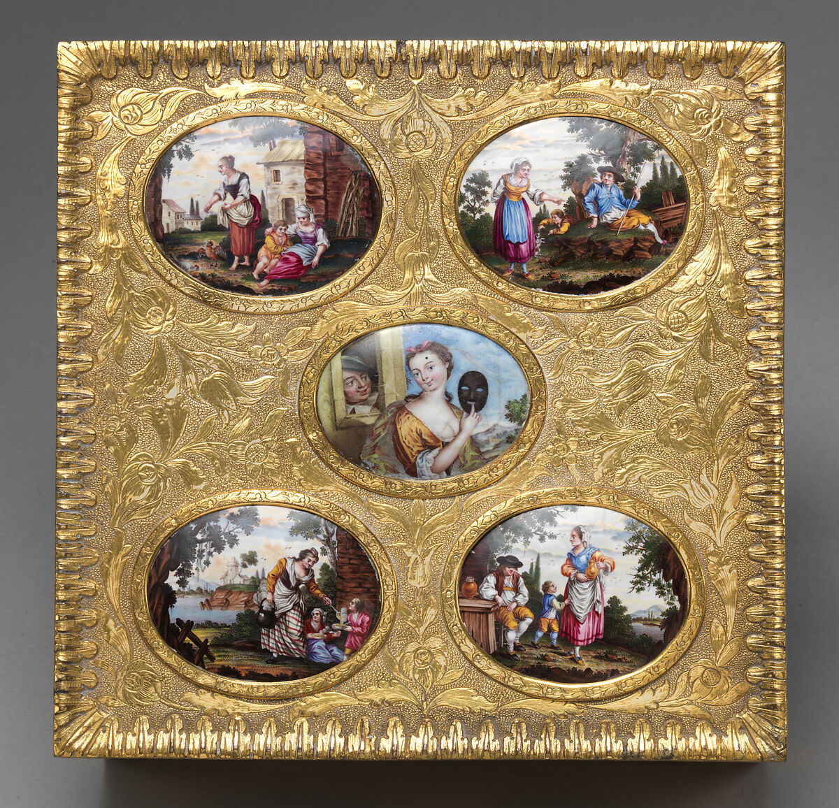 Casket, Painted enamel on copper; gilt pinchbeck metal, British box with Italian plaques