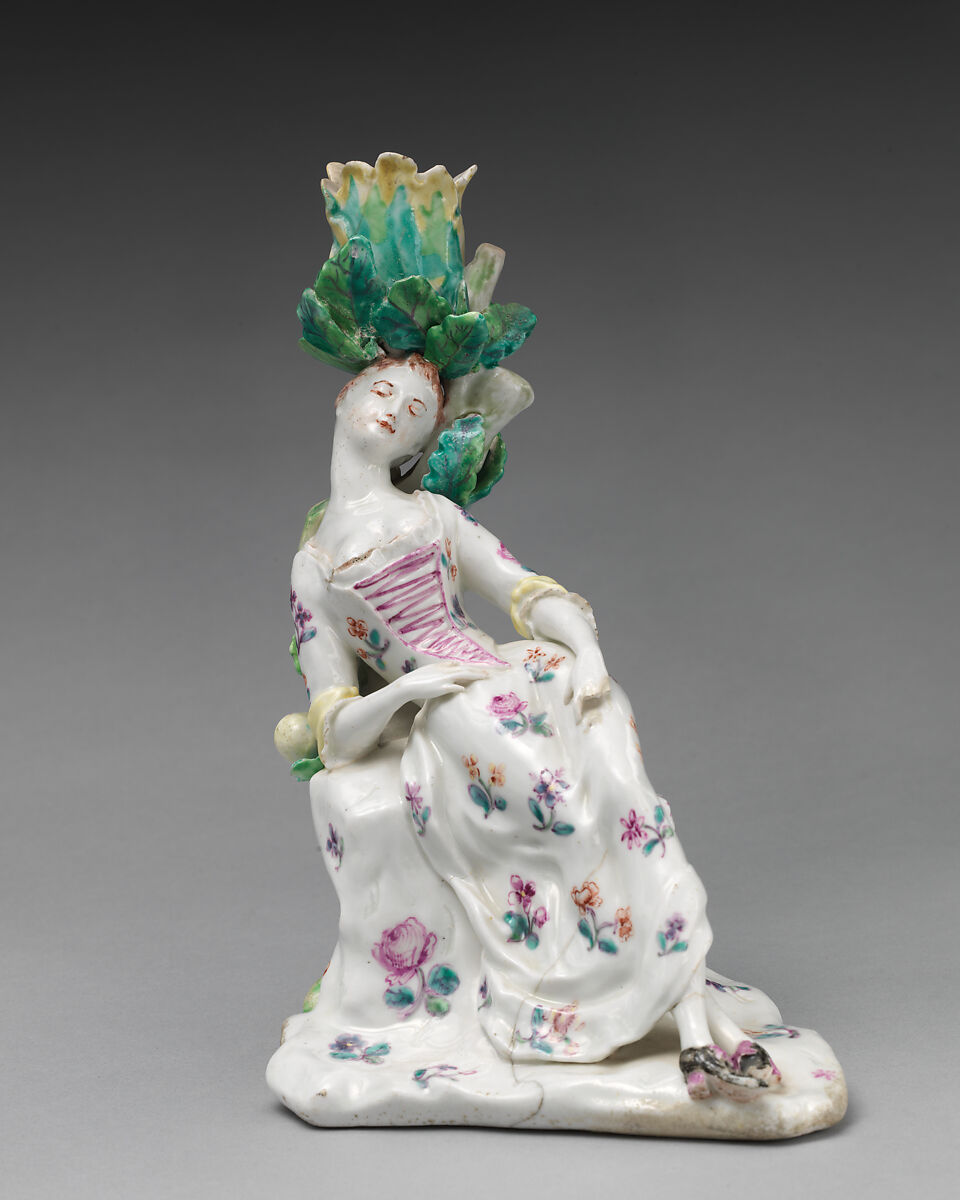 Candlestick in the form of a female dozing figure (one of a pair), Saint James&#39;s Factory (British, ca. 1748/49–1760), Soft-paste porcelain, British, London 