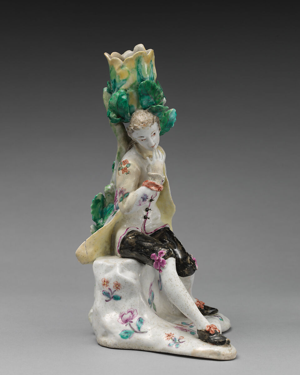 Candlestick in the form of a male dozing figure (one of a pair), Saint James&#39;s Factory (British, ca. 1748/49–1760), Soft-paste porcelain, British, London 