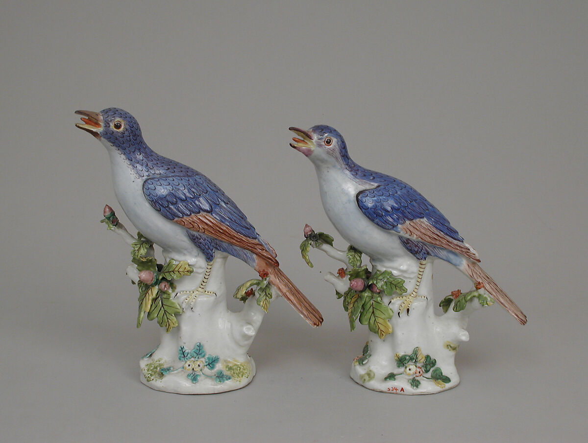 Pair of daws, Chelsea Porcelain Manufactory (British, 1744–1784), Soft-paste porcelain, British, Chelsea