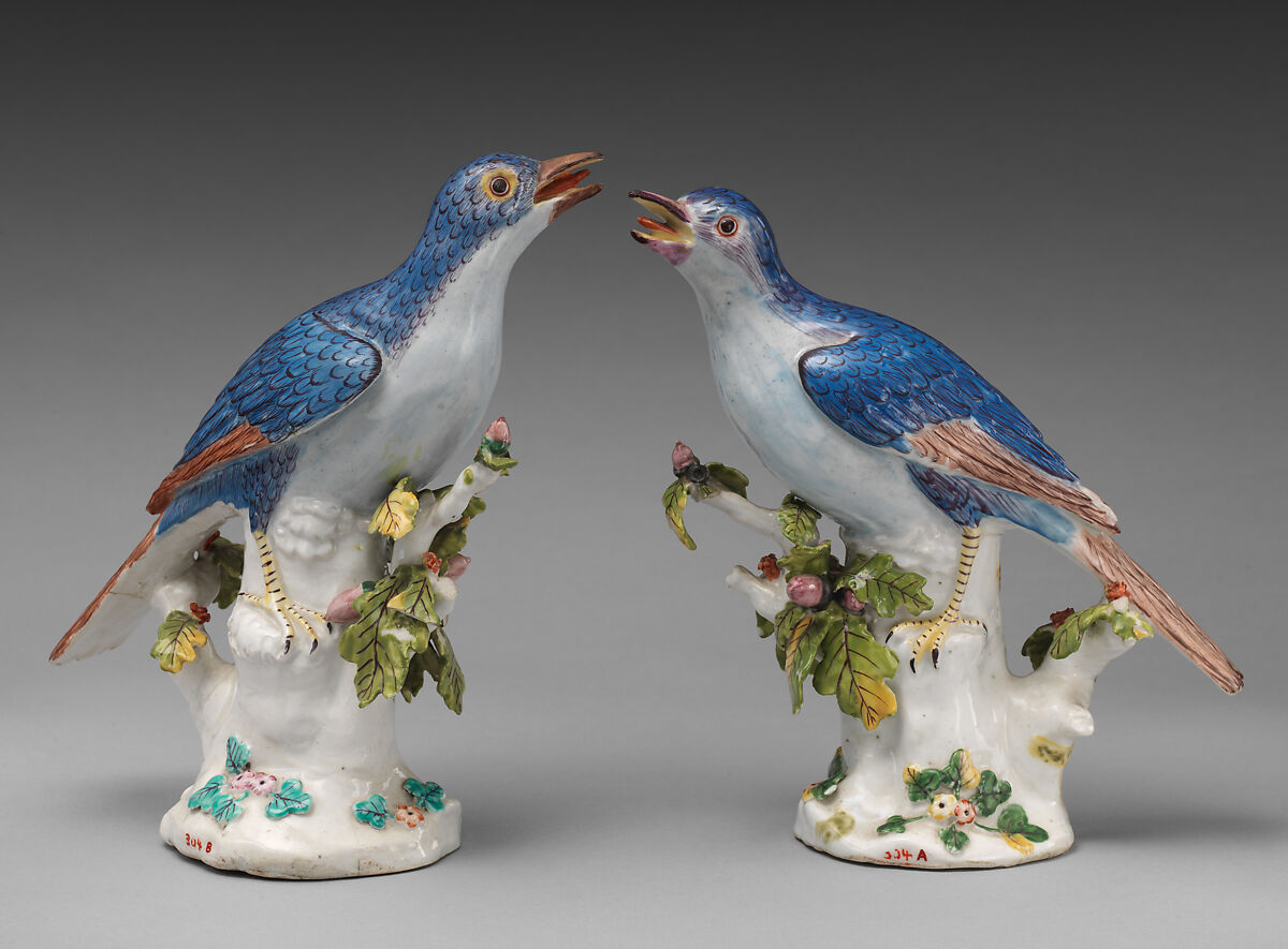 Pair of daws, Chelsea Porcelain Manufactory (British, 1744–1784), Soft-paste porcelain, British, Chelsea 