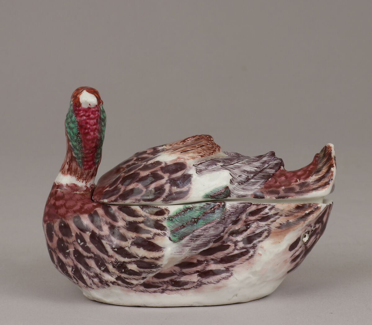 Miniature tureen in the form of a duck (one of a pair), Bow Porcelain Factory (British, 1747–1776), Soft-paste porcelain, British, Bow, London