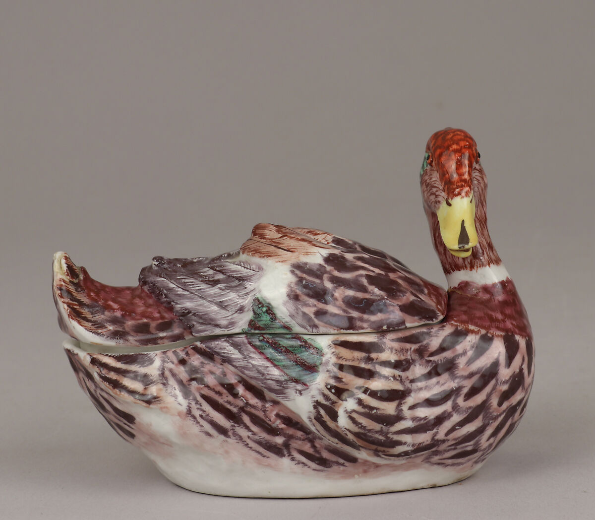 Miniature tureen in the form of a duck (one of a pair), Bow Porcelain Factory (British, 1747–1776), Soft-paste porcelain, British, Bow, London