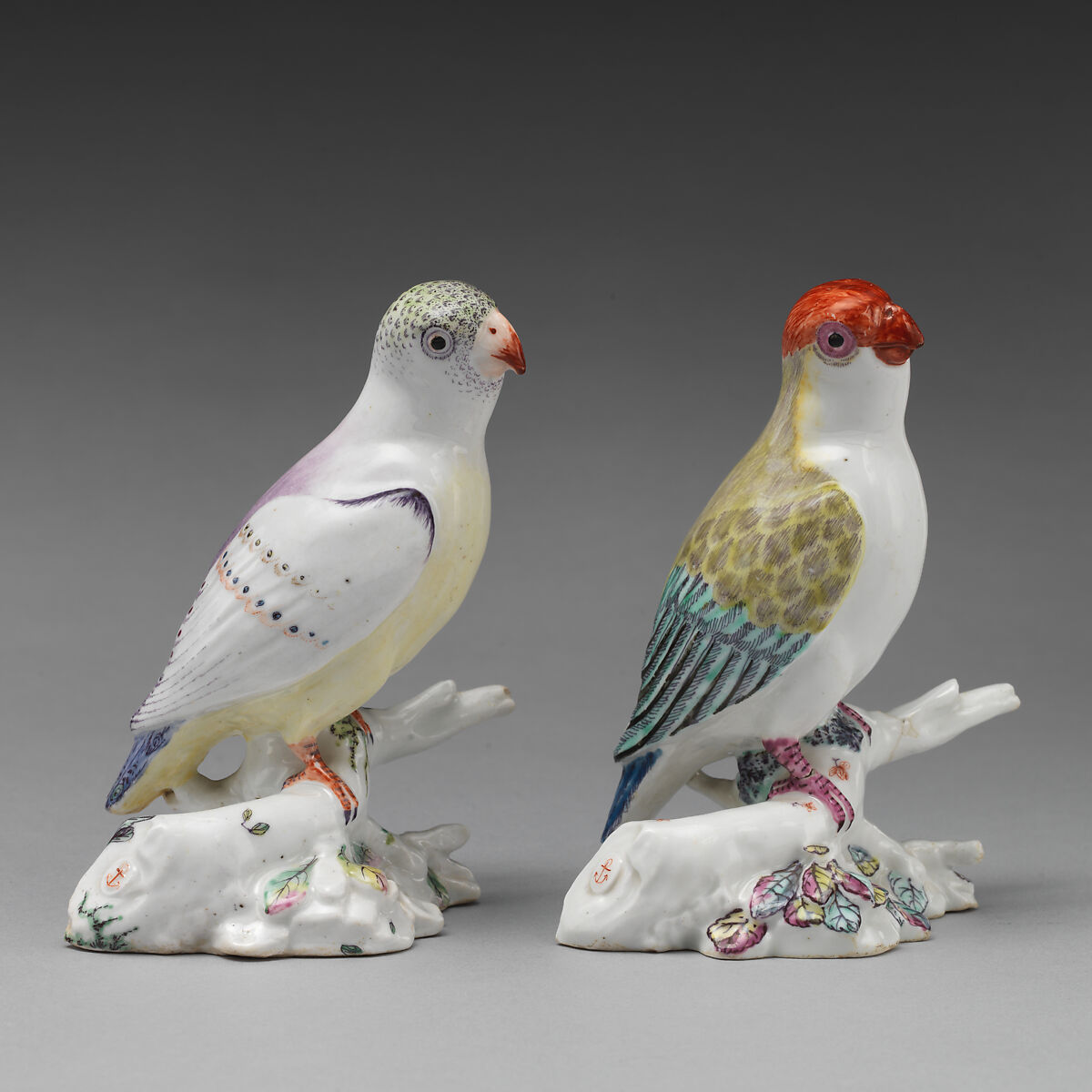 Pair of parakeets, Chelsea Porcelain Manufactory (British, 1744–1784), Soft-paste porcelain, British, Chelsea 